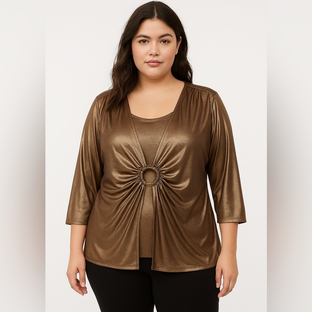 Libra Montreal Metallic Bronze Ring Front Top XL 70s Glam Gold Stretch Evening